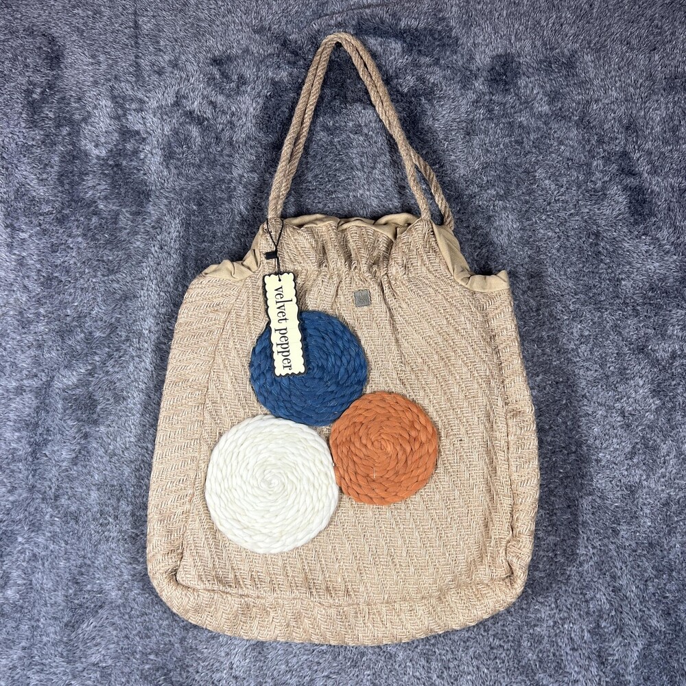 Velvet Pepper Tote Bag Womens Medium Beige Jute Woven Applique Shoulder Casual